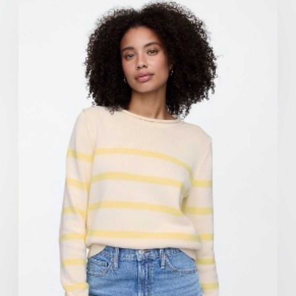 GAP Cream & Yellow Striped Knit Sweater L Rolled Neck Soft Classic Pullover - Picture 2 of 8